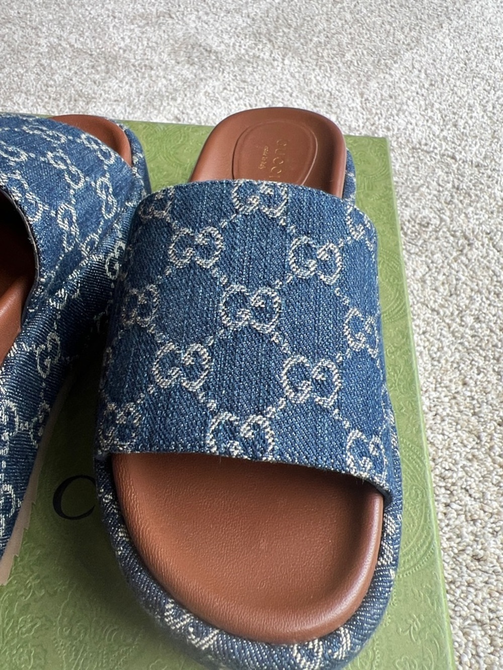 Gucci Angelina Denim GG Logo Platform Slide Sandals - Blue/Brown NIB - Picture 3 of 11